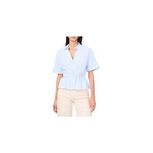 1.State Johnny Collar Gathered Waist Top Blue & White Vertical Stripe NWOT XS